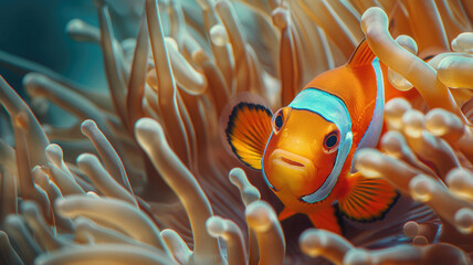 An underwater close-up of a colorful clownfish nestled among the tentacles of a sea anemone, showcasing their symbiotic relationship and stunning colors