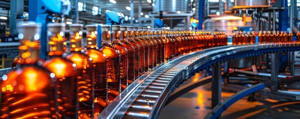 Poster - Futuristic bottling line in a modern winery with automated technology and glowing amber bottles