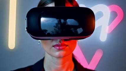 Aufkleber - A woman wearing a virtual reality headset stands in front of a wall with neon lights.