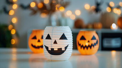 Sticker - Recycled materials used for Halloween lanterns, lit up with LED candles, cozy and sustainable night scene 