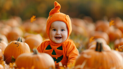 Poster - Small child dressed as a pumpkin, sitting among a patch of pumpkins, with a happy expression and autumn leaves scattered around 