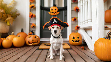 Poster - Small dog dressed as a pirate, with a tiny hat and eyepatch, sitting on a porch with Halloween decorations and pumpkins 