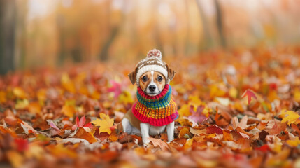 Poster - Small dog wearing a cozy plaid sweater and a knitted hat, surrounded by colorful autumn leaves 