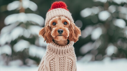 Poster - Small dog wearing a warm, knitted winter sweater and a hat, surrounded by snow and evergreen trees 