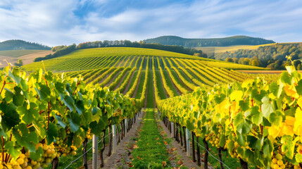 Sticker - Vineyard with rows of Riesling grapevines, grapes ripening under the autumn sun, rolling hills in the background 