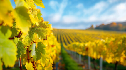 Wall Mural - Vineyard in autumn with golden Riesling leaves, workers preparing for the final harvest, picturesque landscape 