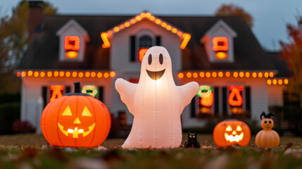 Wall Mural - Yard filled with inflatables including a giant pumpkin, ghost, and a black cat, surrounded by colorful Halloween lights 