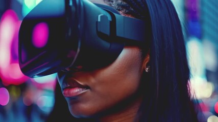 Poster - A woman wearing a VR headset walks through a busy city.