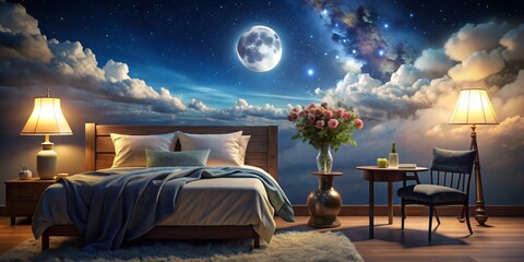 A Cozy Bedroom with a View of the Night Sky, Digital Art, Bedroom Interior, Night Sky, Full Moon, Cozy