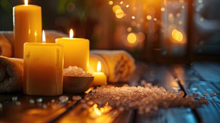 Wall Mural - Close up image of candles burning with sea salt on table in dimly lit spa sanctuary