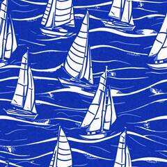 Coastal sail boat in azure ocean blue seamless background, Modern sailing race boat block print for decorative coast interior furnishing fabric . Rustic linen beach cottage trend tile. 