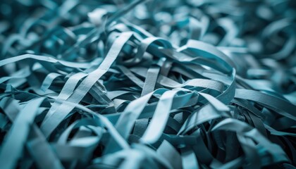 Poster - A close-up of shredded blue paper. AI.