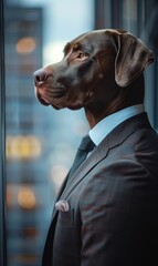 Wall Mural - A dog dressed in a suit looks out a window. AI.