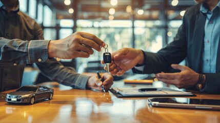 A car salesman or sales manager hands over car keys to a new owner explains and reads the terms of signing a car contract for the purchase to buy a brand-new luxury car and insurance. Close-up view.