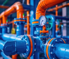 Wall Mural - Close-up of pipes and a pressure gauge. AI.