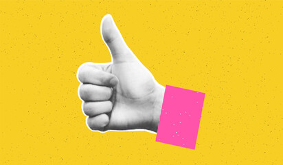 collage element of halftone hand with thumb up against bold yellow textured background with copy spa