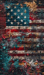 Wall Mural - A faded American flag painted on a brick wall. AI.