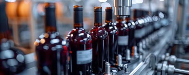 Poster - High-tech labeling machine applying labels to wine bottles in a modern factory setting