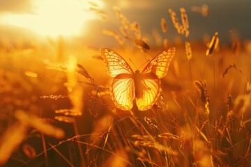 Wall Mural - Butterfly on grassy field