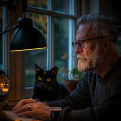 Sticker - A man works at his desk with his cat watching him. AI.