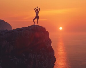 Sticker - A woman practices yoga on a cliff overlooking the ocean at sunset. AI.