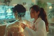 © Yuliia - At a futuristic wellness center, an AI-powered female therapist uses holographic screens to guide her as she places transparent glass cups on a beautiful man's back