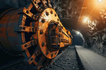 Wall Mural - A continuous miner is showcased in an ultramodern banner with a supernatural scene of advanced mining machinery at work, featuring ample copy space