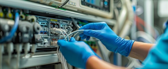Poster - Technician in blue gloves repairing network cables in a data center