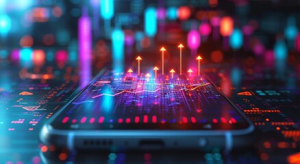 Poster - A futuristic smartphone displaying holographic financial data and glowing digital charts on a tech background.