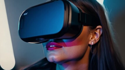 Poster - A woman with long dark hair wearing a VR headset looks up, her mouth slightly open in a look of wonder.