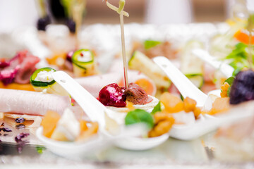 Colorful Canape Selection on Silver Tray. A vibrant assortment of colorful canapes elegantly arranged on a silver tray at a catering event.