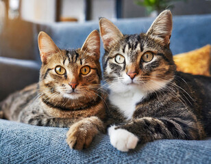 Close-up of two adorable cats with striking eyes lying on a couch