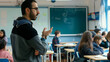 © Infinite Art Labs - Teacher standing in front of his class. European teacher standing in front of his class. Lessons in the classroom.Teaching in the classroom. Learning at School