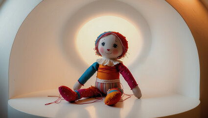 A cute fabric doll on a light background, a presentation of handmade products.