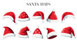 © Hanna ArtLab - Realistic santa claus hat colllection, holiday cap to xmas illustration. New Year hats. Set of Santa Claus hats.