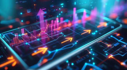 Poster - A digital interface displays visualized data using illuminated directional elements such as arrows, graphs, and charts