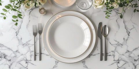 Set table with empty dinner plates and cutlery. Raster digital illustration. AI artwork.