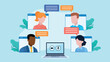 © Animation_vector - Video conversation of students, employees, friends. Laptop with camera and microphone icon. Above it, messenger app tiles with character avatars. There are conversation bubbles next to the characters.