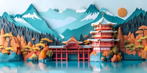 Papercut Illustration of Japanese Temple and Mountains