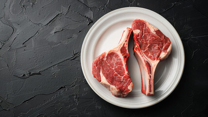 Two raw ribeye steaks on a white plate against a dark background