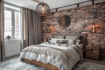 Canvas Print - Luxury bedroom interior design with brick wall.