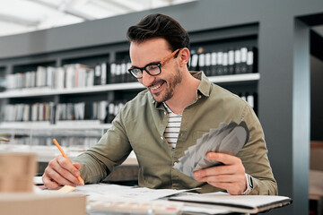 Aufkleber - Architect, businessman and blueprint for drawing in office, creativity and planning for design project. Architecture, designer and samples with inspiration for floor plan, layout sketch and smile