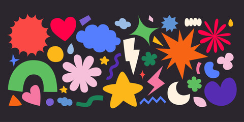 retro 90s cartoon style abstract doodle shapes cloud, funky flower, bubble, star and flower, nostalg