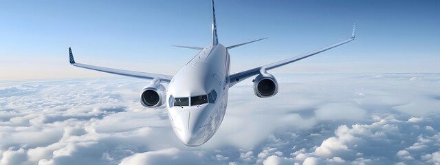 White passenger airplane flying in the blue sky above clouds.