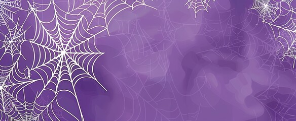 Wall Mural - A purple background with white spider webs hanging from the top and bottom corners, creating an atmosphere of Halloween Generative AI
