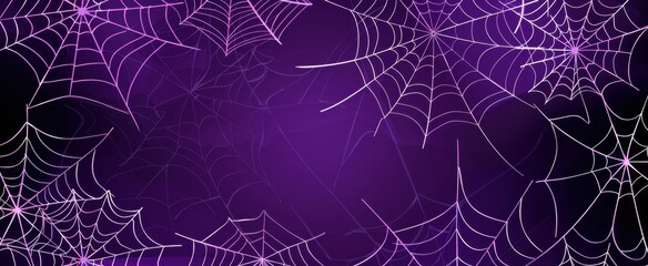 Wall Mural - white spider webs hanging on a purple background vector illustration, halloween banner template with space for text, webs and spiders in the style of cartoon on a purple background Generative AI