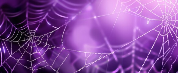 Wall Mural - A purple background with white spider webs hanging from the top and bottom corners, creating an eerie atmosphere for Halloween or horror themes Generative AI