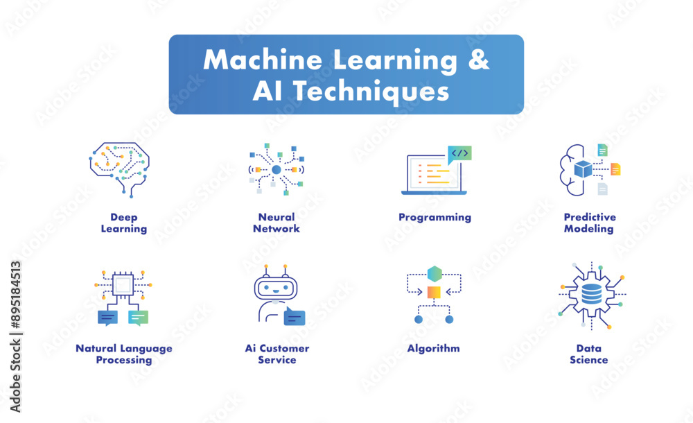 Machine Learning and AI Techniques Vector Icons with Editable Stroke ...