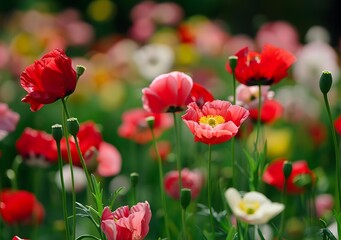 Wall Mural - Closeup of Red and Pink Poppies in a Field