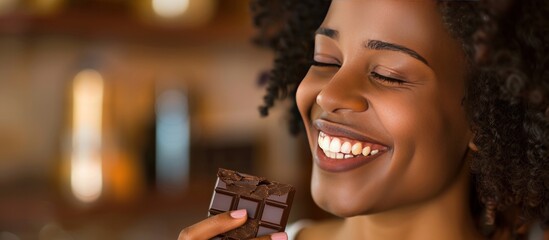 relax and woman with chocolate bar, smile